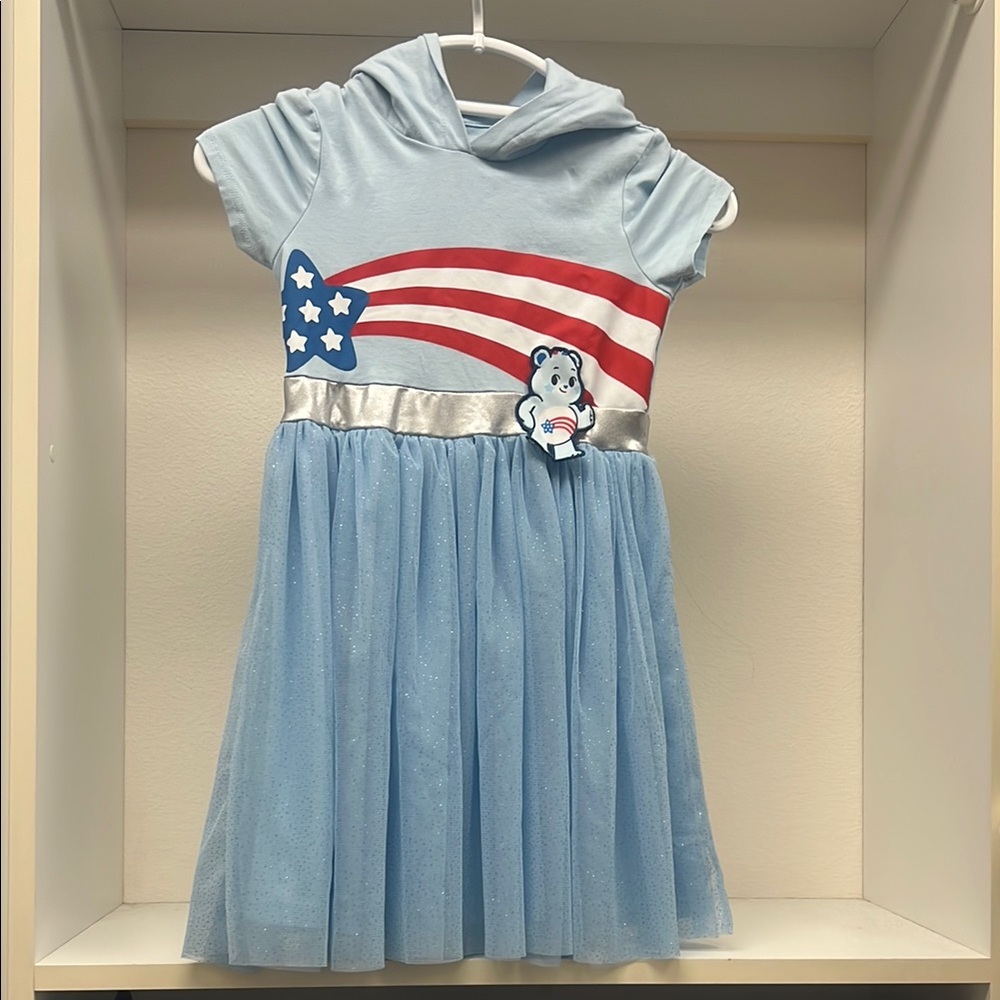 NWOT Care Bears Light Blue Hoodie dress with July 4th Stars and Stripes